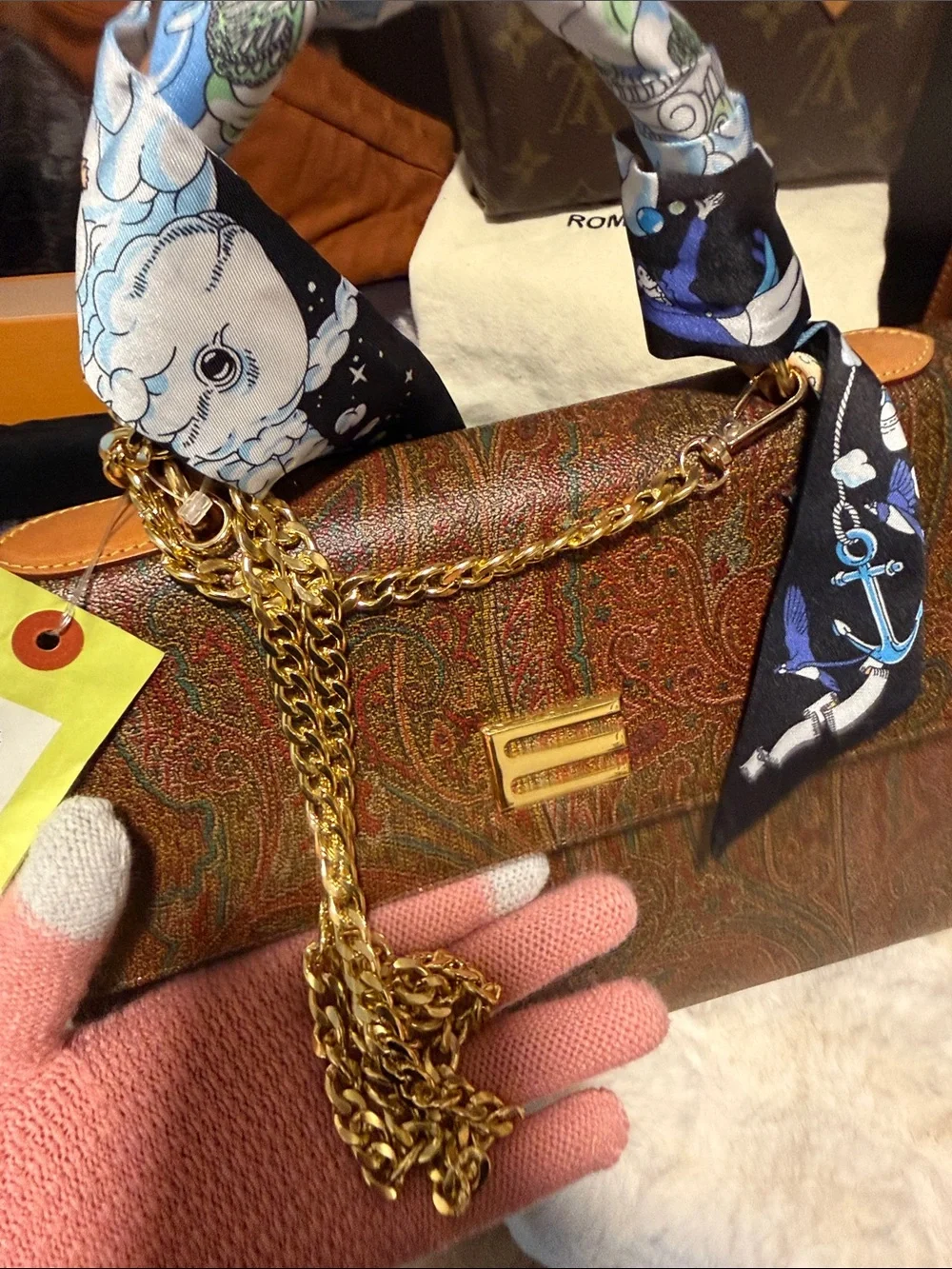 Etro Milano -Textured Brown Satchel with Scarf-Wrapped Handle and Gold Chain